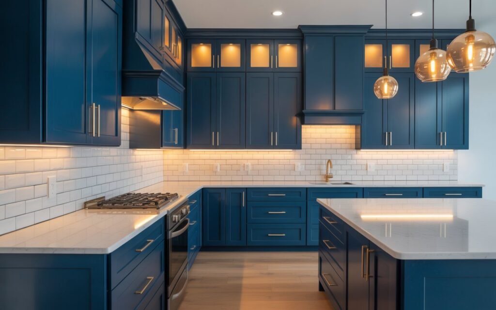 blue kitchen cabinets with warm lighting