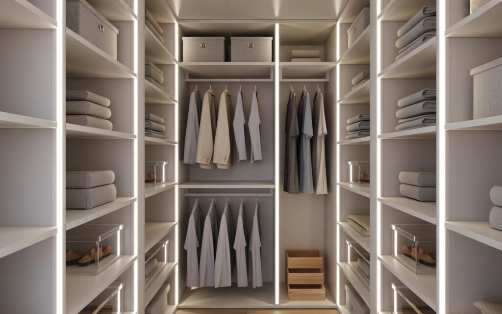 small closet with vertical shelving for space efficiency