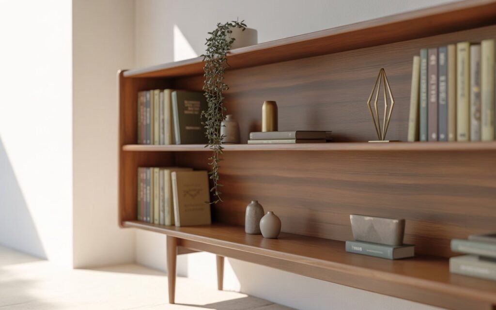 mid century bookshelf decor