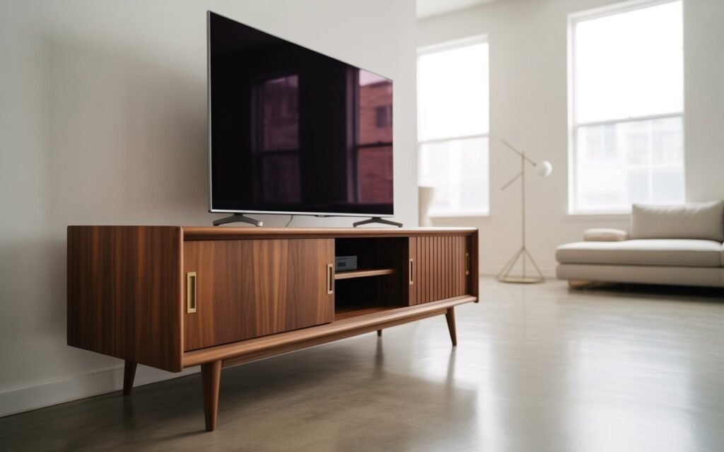 mid century tv console wooden cabinet