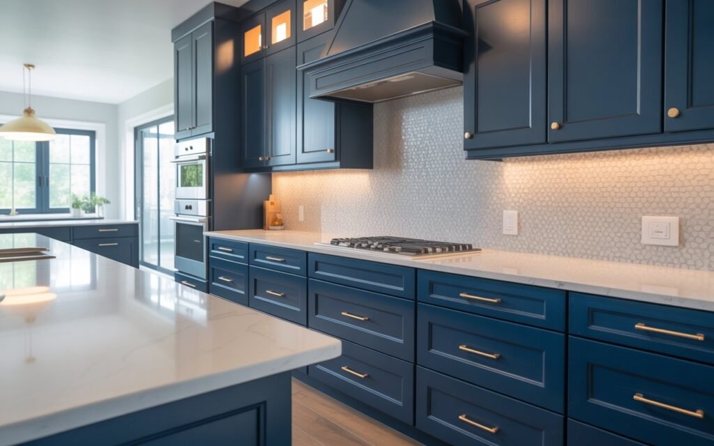 blue kitchen cabinets with patterned backsplash