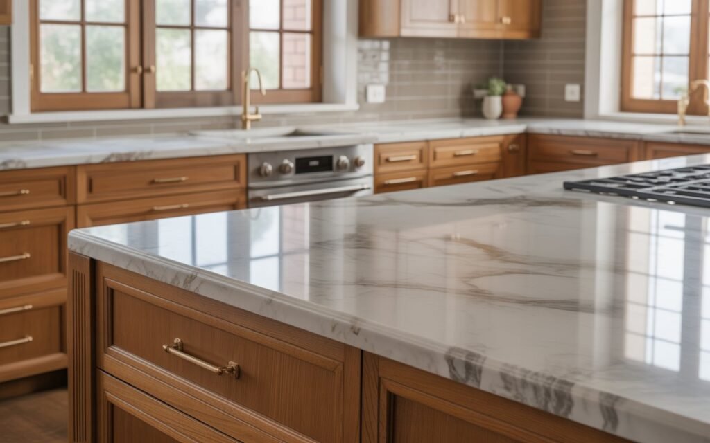 wooden kitchen cabinets with stone countertops