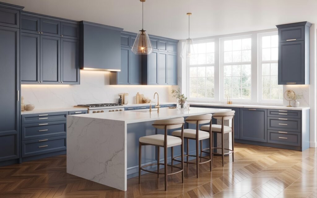 blue kitchen cabinets with marble countertops