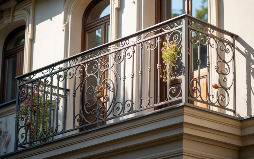 balcony with ornate wrought iron railing