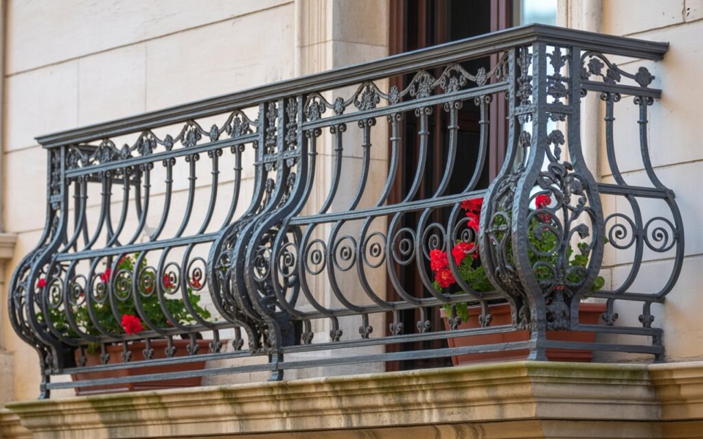 balcony with decorative metal railing