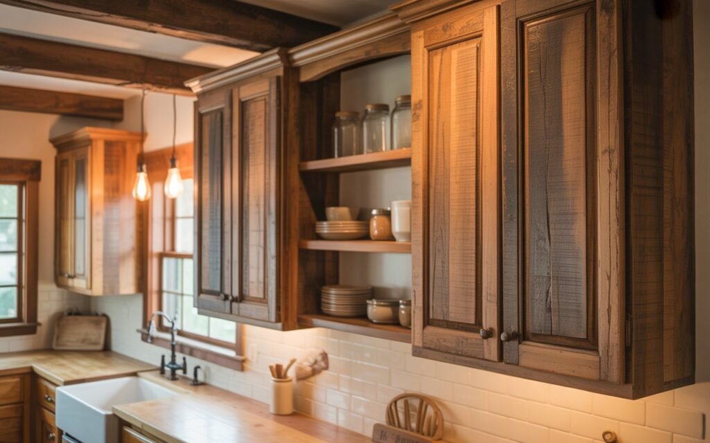 rustic wooden kitchen cabinets in farmhouse kitchen