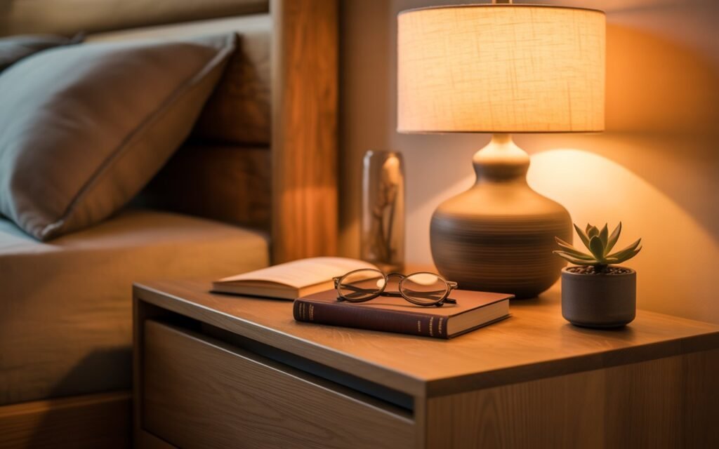 layered lighting effect on bedside table