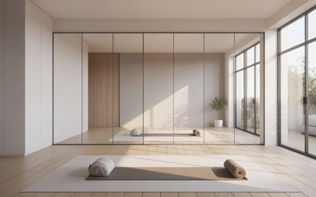 yoga room with mirror for posture and space