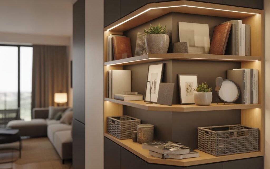 corner shelves storage idea for small apartment