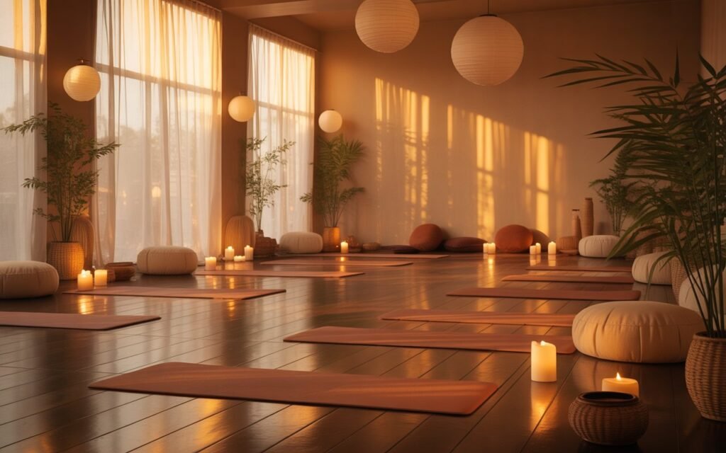low lighting yoga room for evening practice