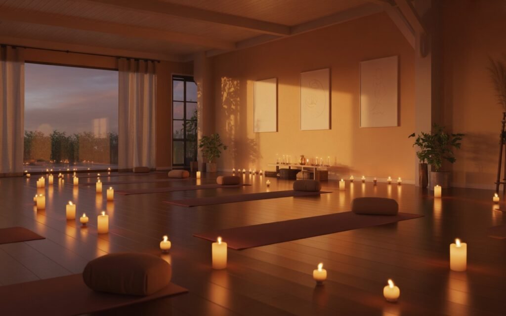 candle lit yoga room for relaxing atmosphere