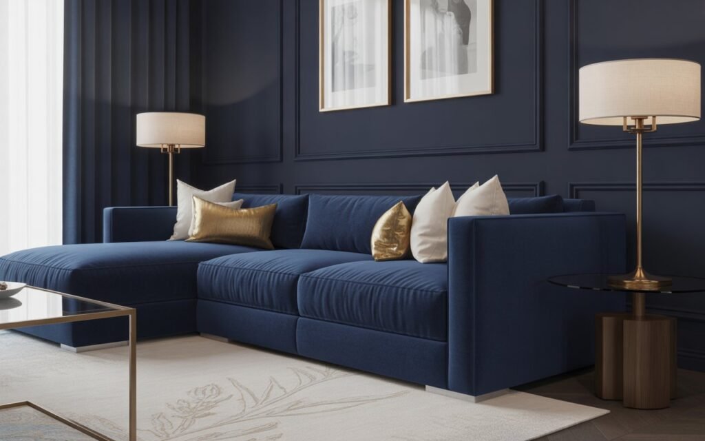 patterned navy living room