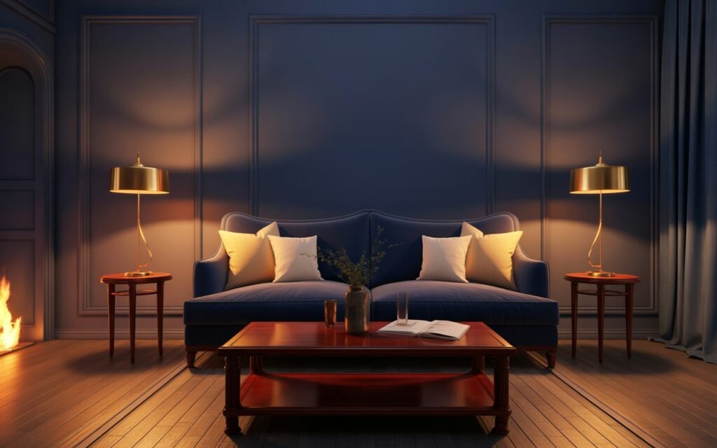 navy living room with warm lighting