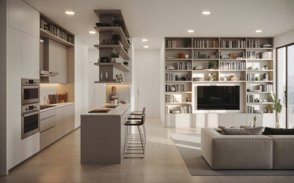 iny open kitchen and living room with vertical storage