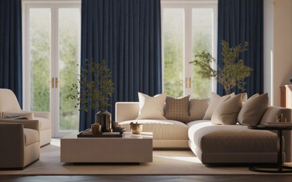 navy curtains living room decor