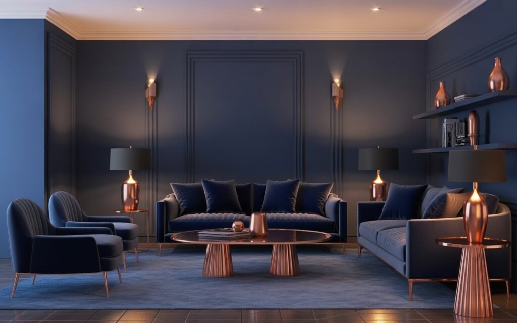 navy living room with metallic decor