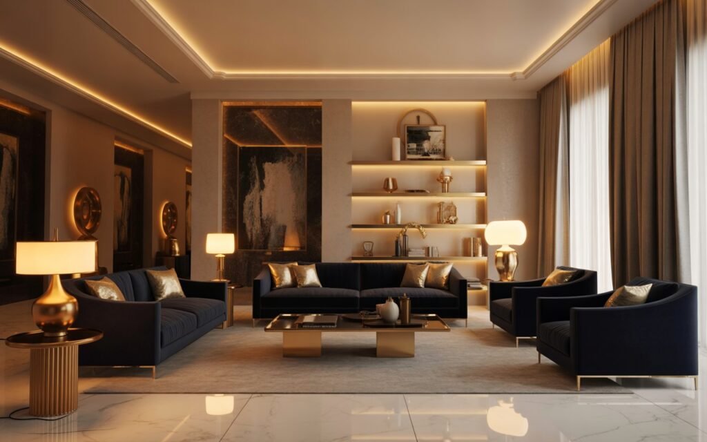 navy and gold living room decor