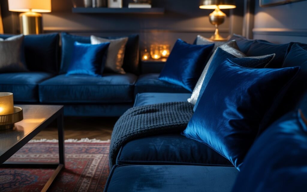 navy living room with layered textures