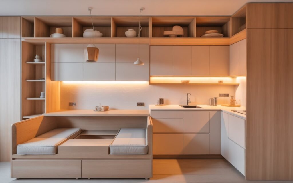 tiny open kitchen and living room with smart built in storage