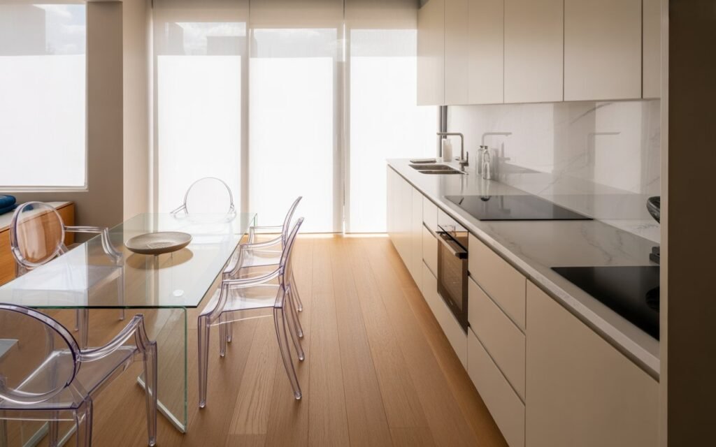 tiny open kitchen and living room with glass and transparent furniture