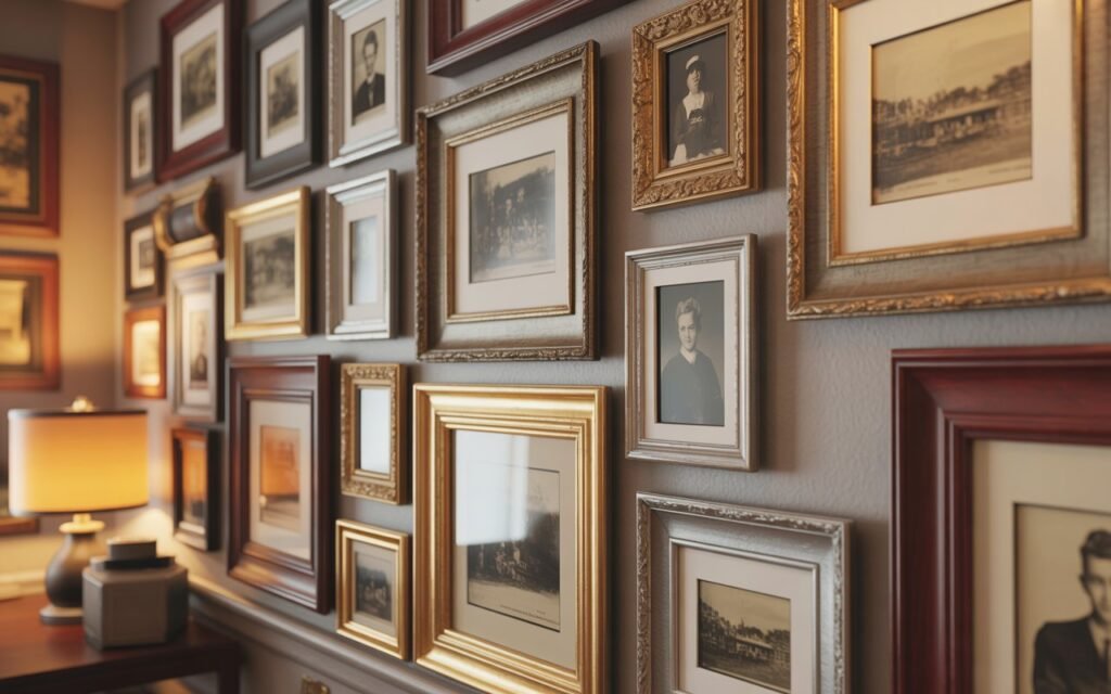 vintage gallery wall with antique frames and photos