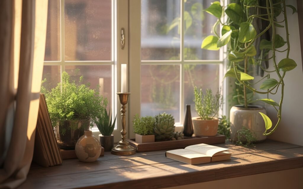 window sill storage and decor idea for small apartment