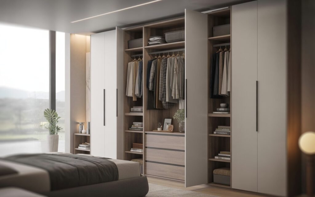 wardrobe with open shelf sections