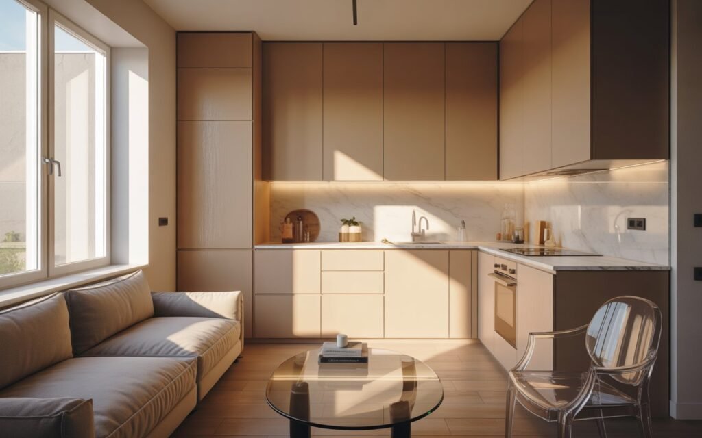 tiny open kitchen and living room with glass furniture