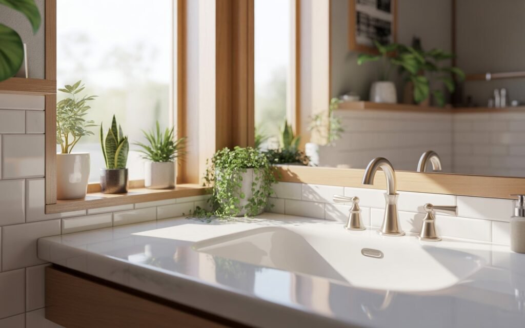 bathroom with indoor plants and natural light