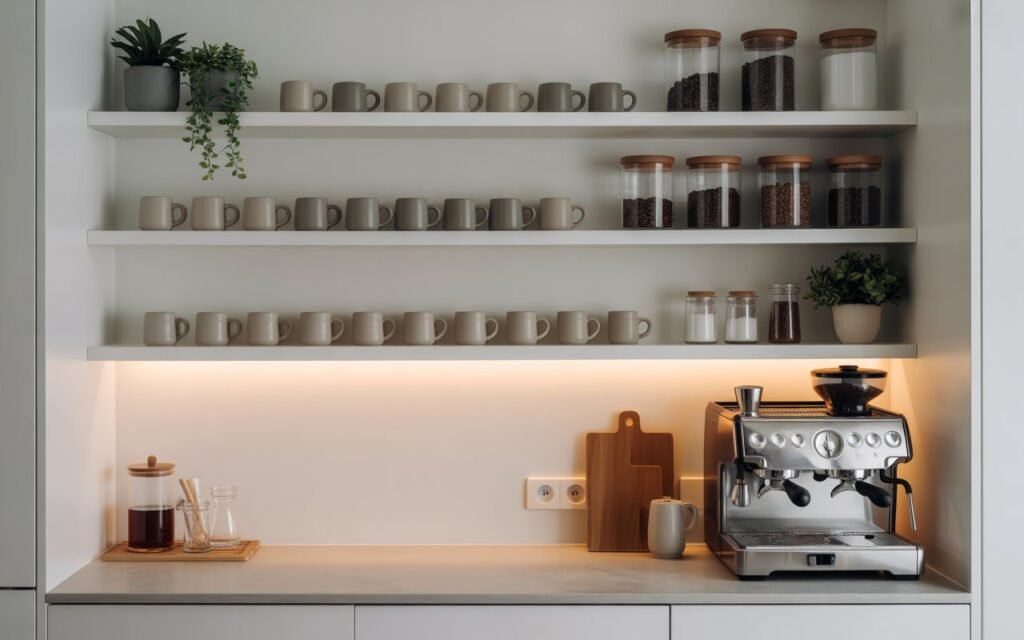 coffee station with vertical storage and floating shelves