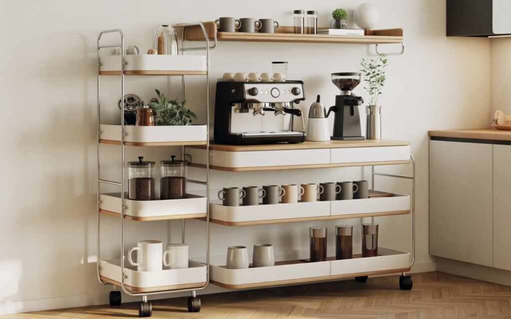 coffee station on rolling cart with tiered storage