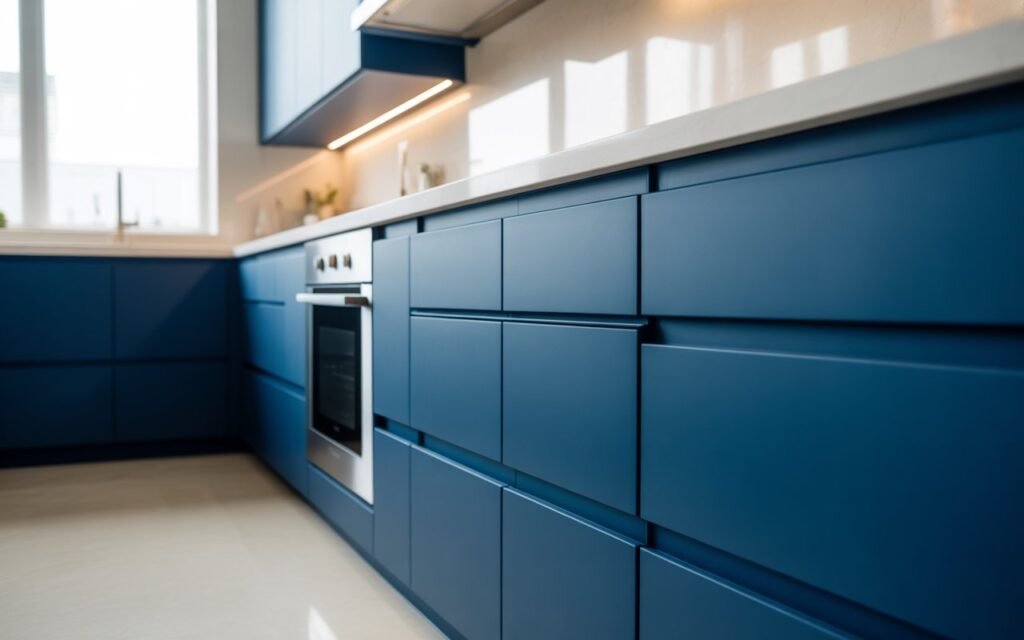 handleless blue kitchen cabinets