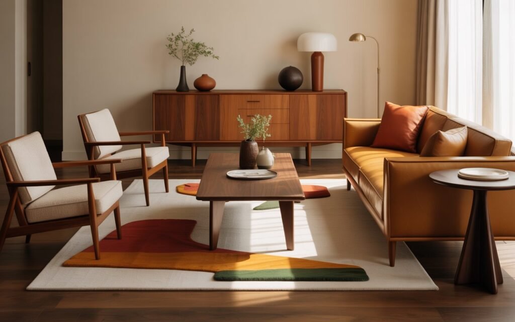 mixed wood mid century living room
