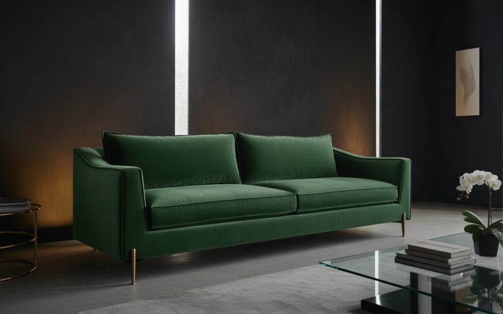 green sofa dark wall living room