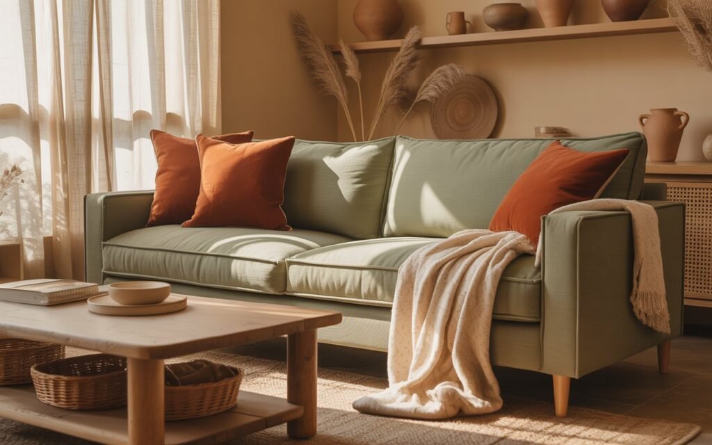 green sofa earthy living room decor
