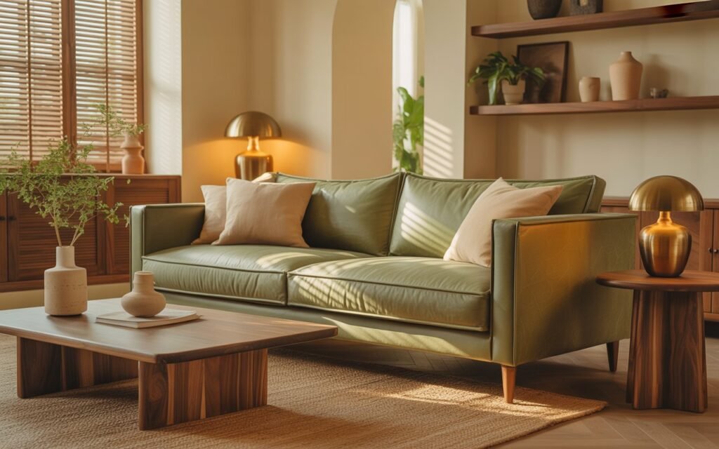 green sofa with wood accents