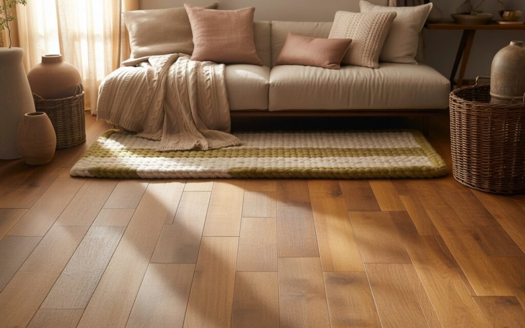 honey oak floors styled with layered textures and soft decor