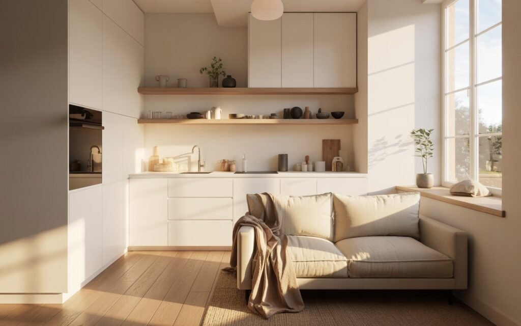 tiny open kitchen and living room with white minimal design