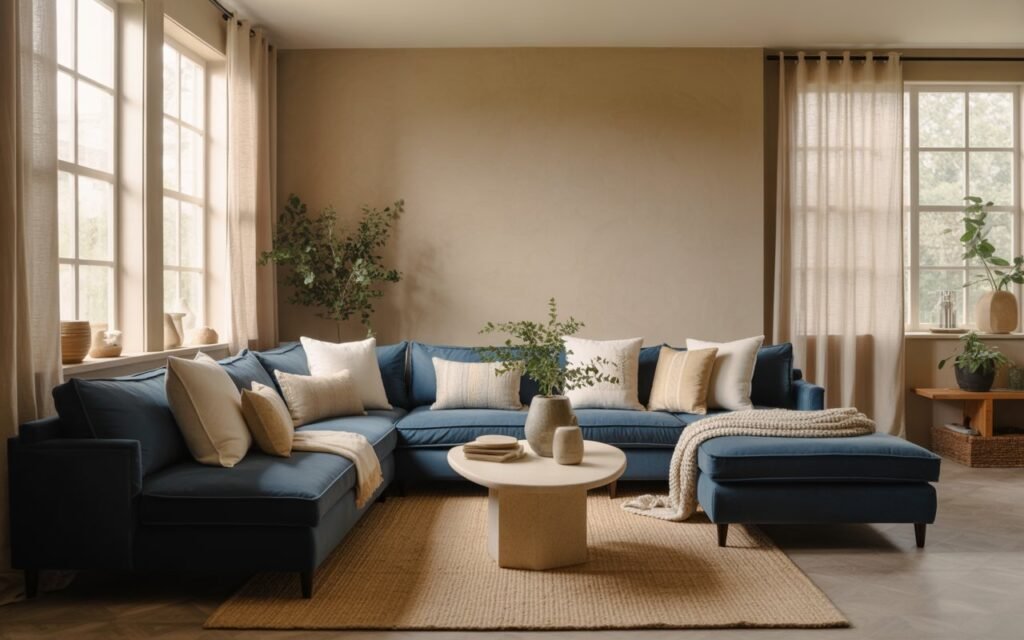 navy and beige living room design