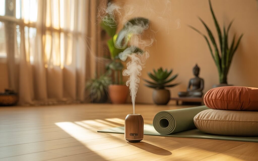 aromatherapy setup in home yoga room