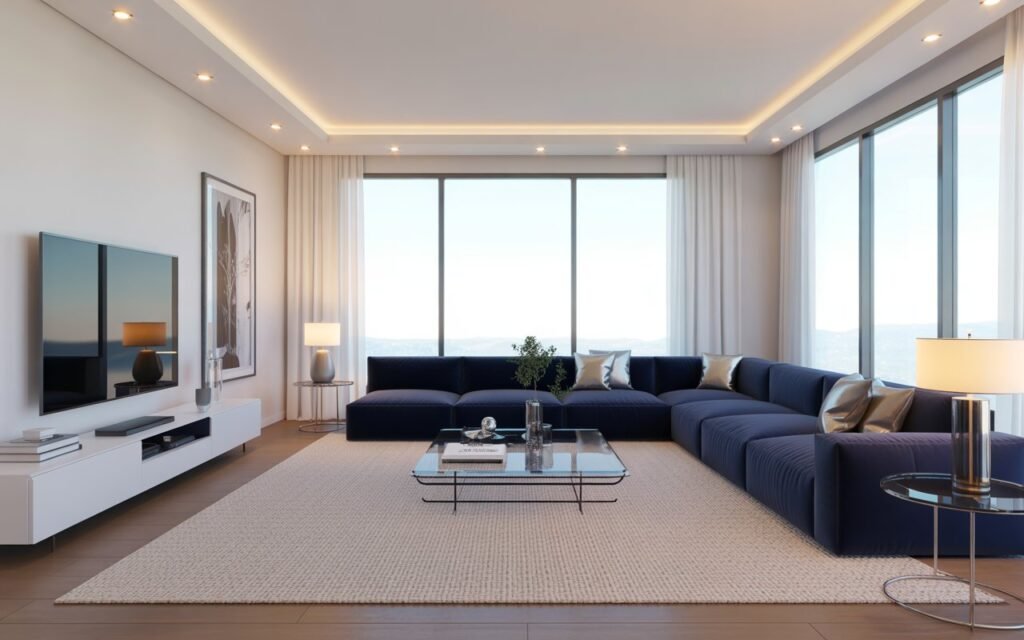 balanced navy living room layout