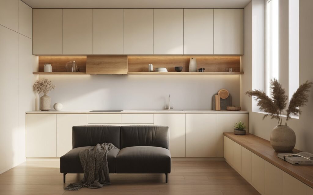 tiny open kitchen and living room with minimal decor styling