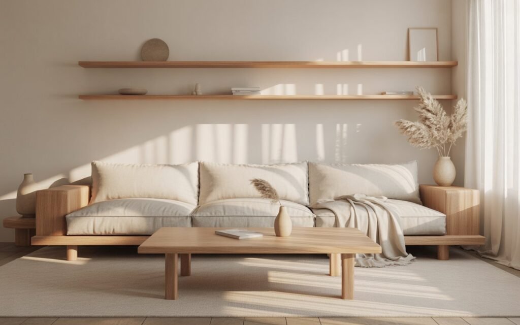 japandi living room with neutral tones and wood elements