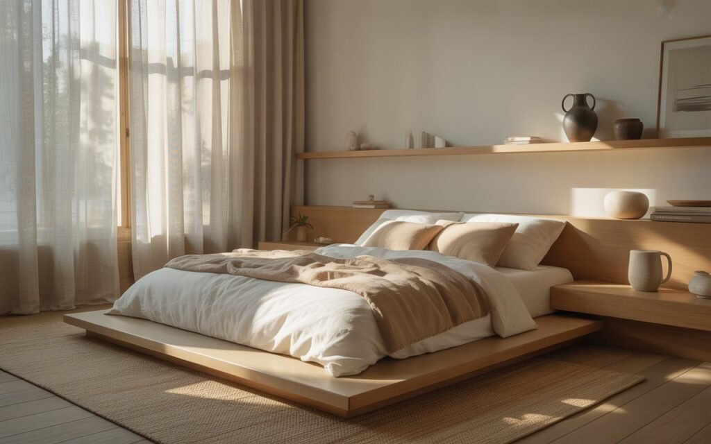 japandi bedroom with neutral tones and soft sunlight