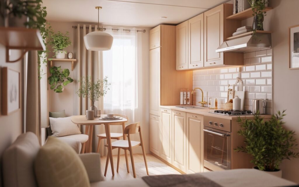 cozy tiny open kitchen and living room with neutral tones