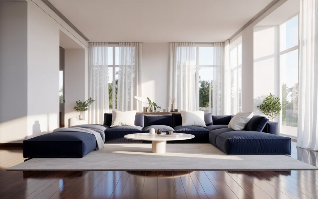 navy and white living room design