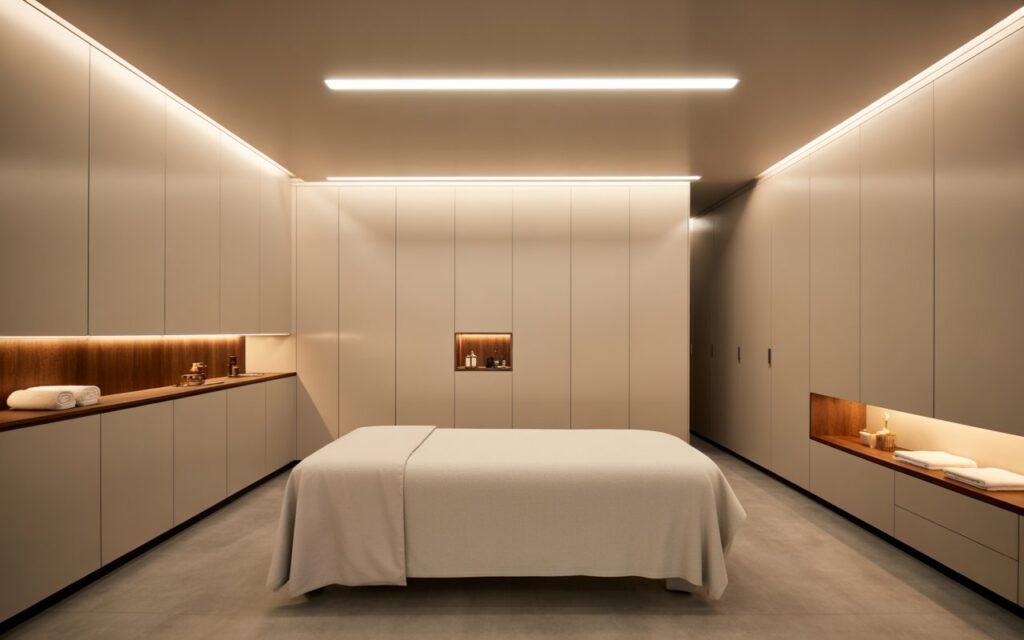 hidden storage in massage room