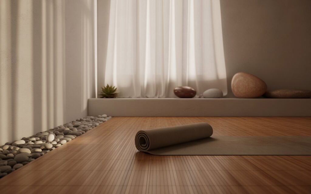 zen decor elements in yoga room