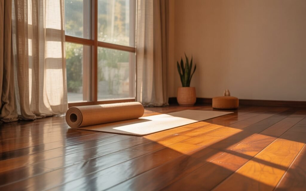 yoga room with wooden flooring aesthetic