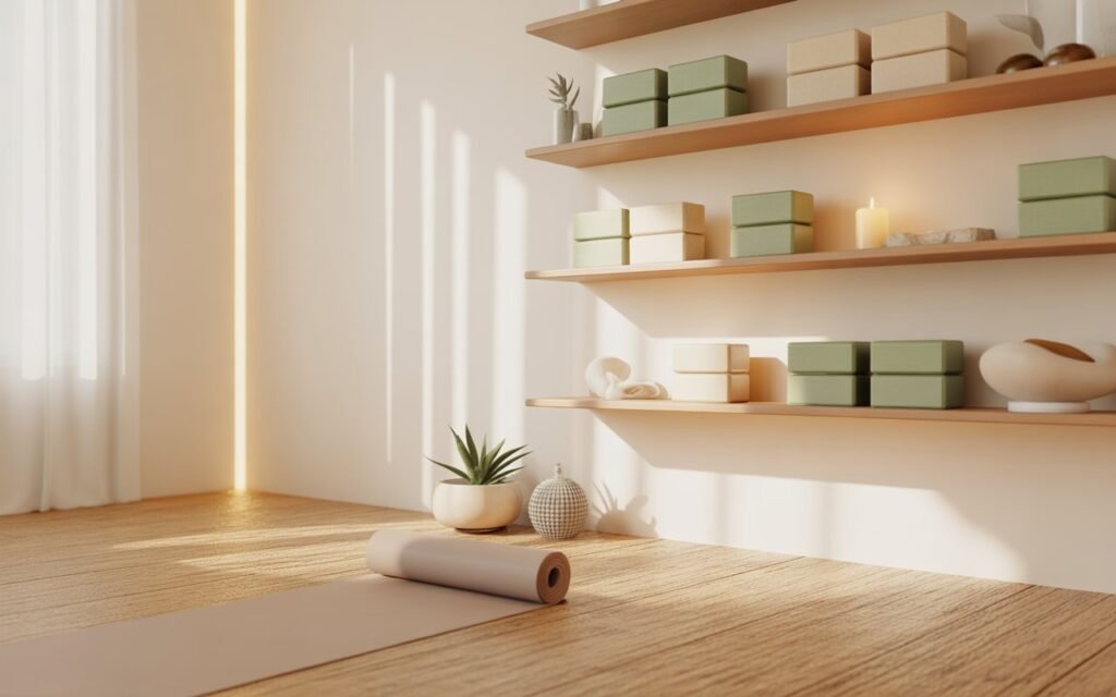 floating shelves storage in yoga room